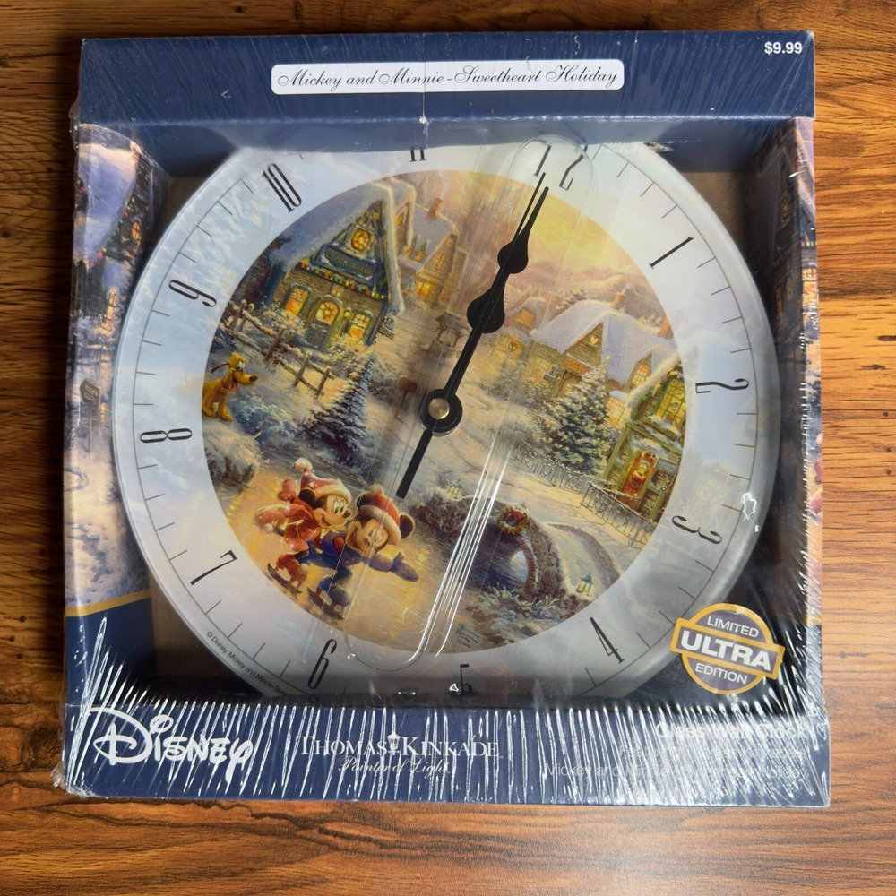 Disney Mickey & Minnie Sweetheart Holiday Thomas Kinkade Glass Wall Clock